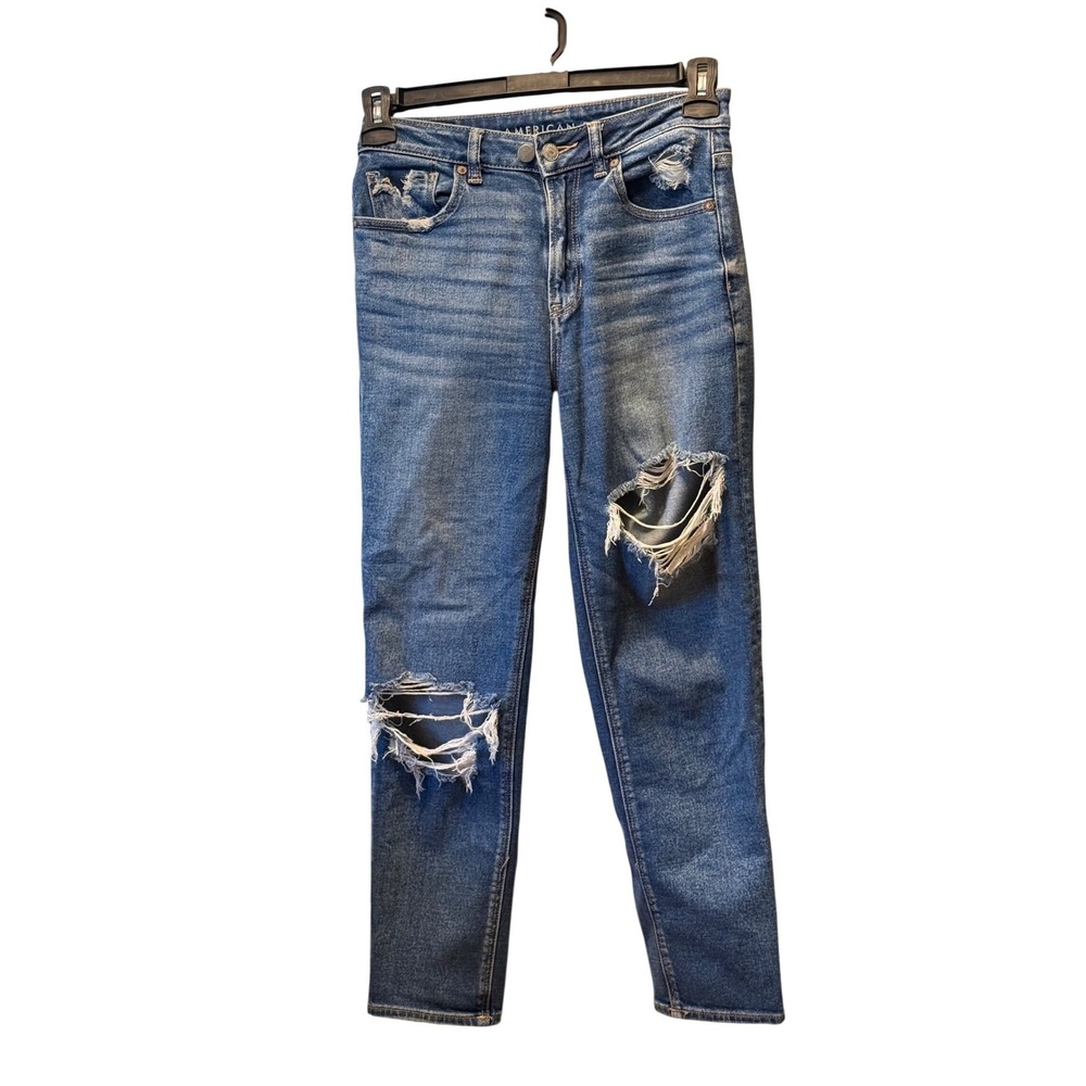 American Eagle Real Good Distressed Mom Jeans Medium Wash Stretch Size 2 Reg‎